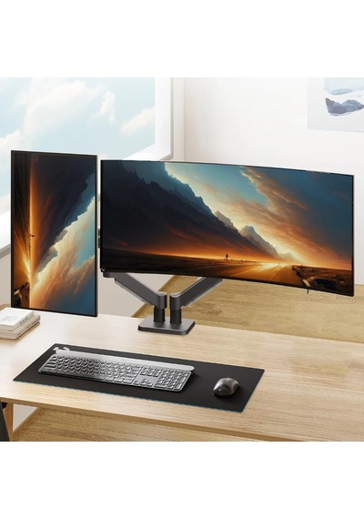 Gaz Yaylı Çift Monitör Kolu 13-32'' Ekran Askı Aparatı Ayarlanabilir Yükseklik Ve Dönme Özelliği