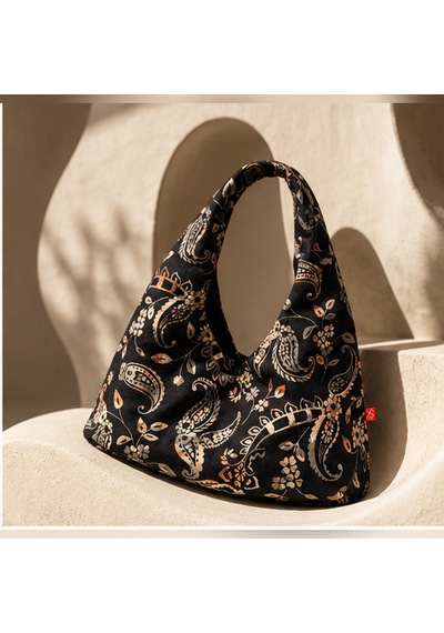 Sellhubx Desenli Denim Kumaş Kadın Hobo Omuz Çantası, Tek Saplı Hobo Model Şal Desenli Lacivert