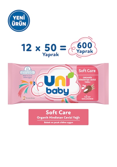 Uni Baby Soft Care Organik Hindistan Cevizi Yağlı Islak Mendil 12x50 600 Yaprak 12'li Set