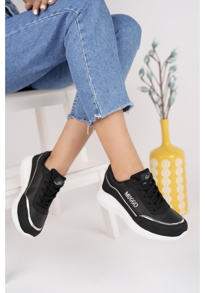 Muggo Happy Garantili Kadın Ortopedik Günlük Bağcıklı Şık Rahat Sneaker Spor Ayakkabı Siyah - Beyaz