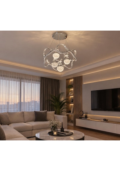 Riva Ledli Krom 3 Renk Işık Modlu Salon Avize Gümüş