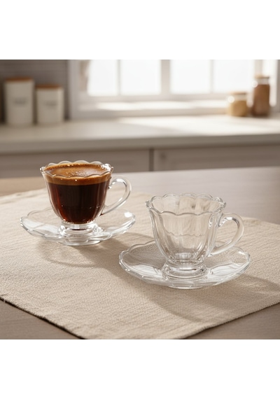 Olive Cam 6 Kişilik Tabaklı Türk Kahvesi Espresso Fincan Seti 6 X 90 Ml Şeffaf