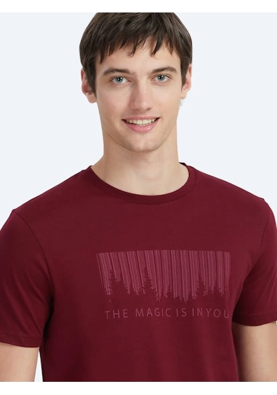 Kip Bordo Baskılı Bisiklet Yaka %100 Pamuk T-shirt Bordo