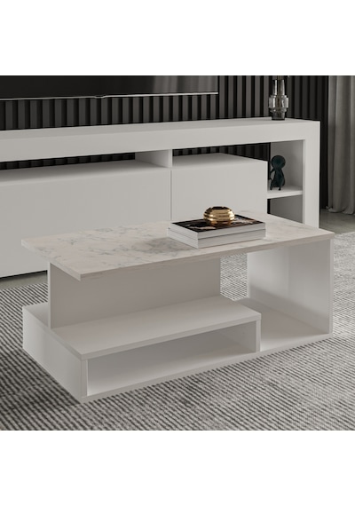Vera Mini Orta Sehpa Modern Tasarım, Fonksiyonel Raflı Yap Beyaz/beyaz Mermer