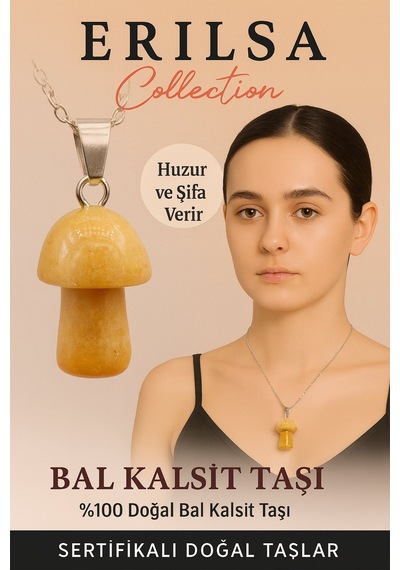 Sertifikalı Mantar Model Bal Kalsit Taşı Kolye Huzur Ve Şifa Veren Doğal Taş Sarı