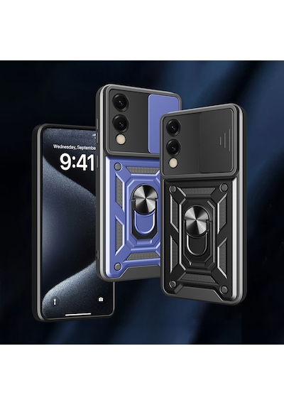 Zore Galaxy Uyumlu S25 Edge Kılıf Magnetik Standlı Kamera Korumalı Ata Sürgülü Vega Kapak - Mavi