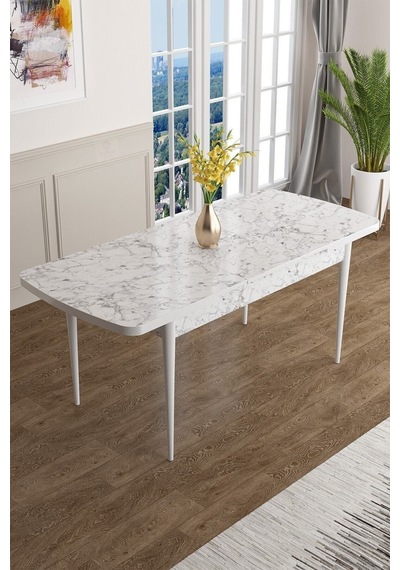 Canisa Han Serisi 70x114 Açılabilir Mdf Mutfak Masası Takımı Beyaz Mermer Desen Masa 6 Pembe Sandalye Masa Beyaz Mermer Desen Sandalye Pembe