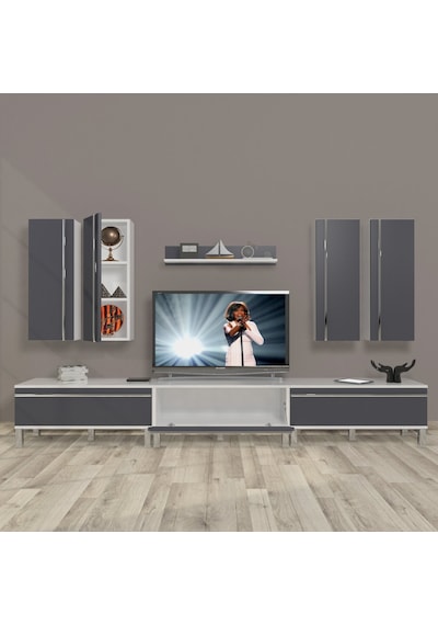Decoraktiv Eko 8d Mdf Krom Ayaklı Tv Ünitesi Tv Sehpası Beyaz - Antrasit