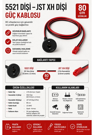 Mobilya Gömülü 5521 Dc Güç Dişi Giriş Aparatı 80 Cm Jst Xh Çıkışlı Güç Bağlantı Kablosu