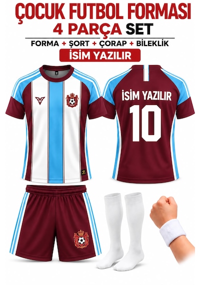 Yenteks İsim Yazılır Çocuk Futbol Forması Bordo Mavi Özel Tasarım 4 Parça Forma+şort+çorap+bileklik Bordo - Mavi