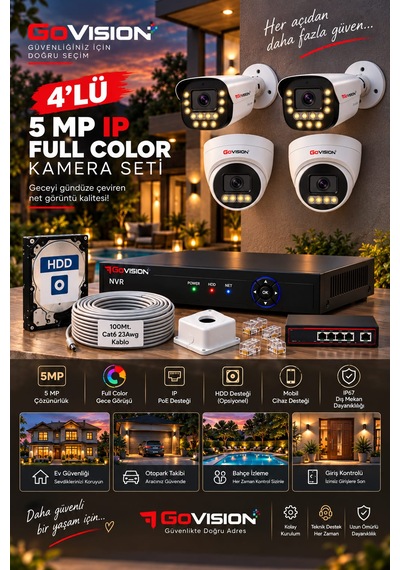 Go Vision 4'lü Güvenlik Dome Bullet Ip Kamera Seti - 3.6mm Lens, H.265, Poe, Warm Led Gece Görüşlü