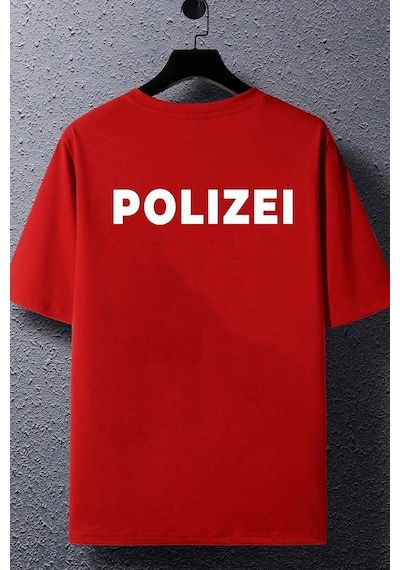 Unisex Polizei Baskılı Kısa Kol T-shirt Kırmızı