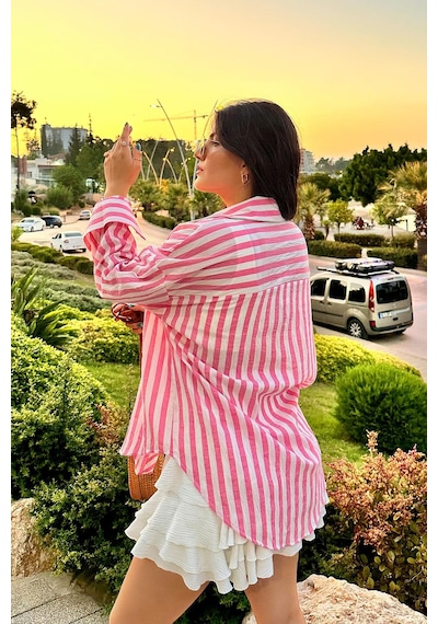 Pembe Renk Yaka Taş Detaylı Gofre Dokulu Çizgili Gömlek Pembe