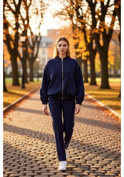 Benerly Kadın Bisiklet Yaka Düşük Kol Fermuarlı Oversize Kalın Örme Sweat Lacivert
