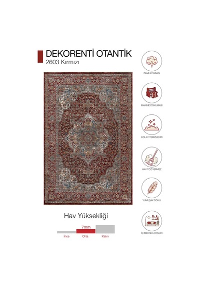 Dekorenti Otantik 2603 Kırmızı Halı Eskitme Madalyon Desenli Halı