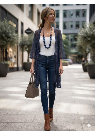 Lacivert Gold Detaylı Örme Kimono