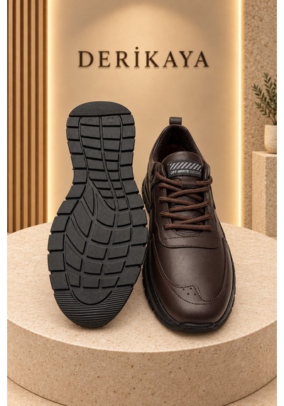 Deri Kaya Erkek Kalın Taban Bağcıklı Günlük Sneaker Spor Ayakkabı Kahverengi