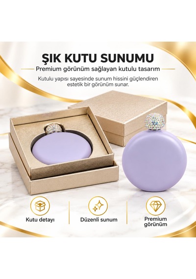 Lüks Taş İşlemeli Renkli Paslanmaz Çelik İçki Matarası 5 Oz 150 Ml. Cep Çanta Kamp Outdoor Hediyelik Lila