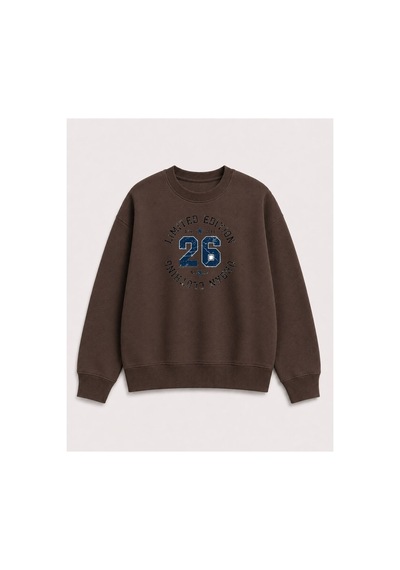 Herkesemoda Limited Edition Yazı Baskılı 2 İplik Şardonlu Bisiklet Yaka Sweatshirt Kahverengi