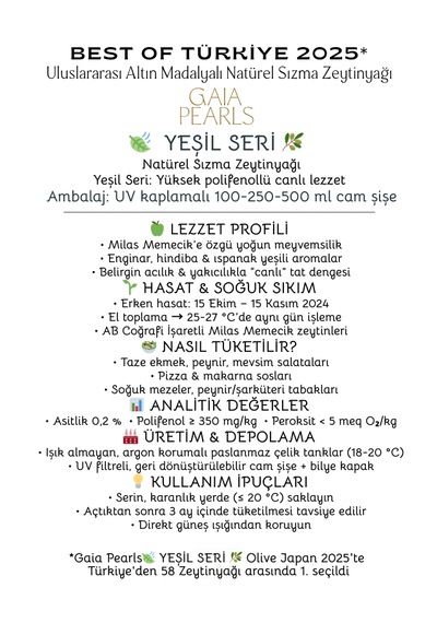 Gaia Pearls İkili Gurme Set 250 Ml X2 Avrupa Birliği Coğrafi İşaretli Milas Memecik Erken Hasat Soğuk Sıkım Zeytinyağı