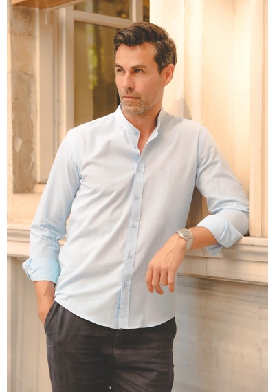 Hakim Yaka Slim Fit Keten Hediye Kutulu Erkek Gömlek Fs-003042 - Mavi-2194 MAVİ