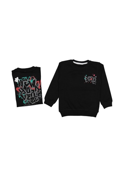 İrem Çocuk Giyim Erkek Çocuk Çift Taraf Est Yazı Desenli Siyah Sweatshirt Siyah