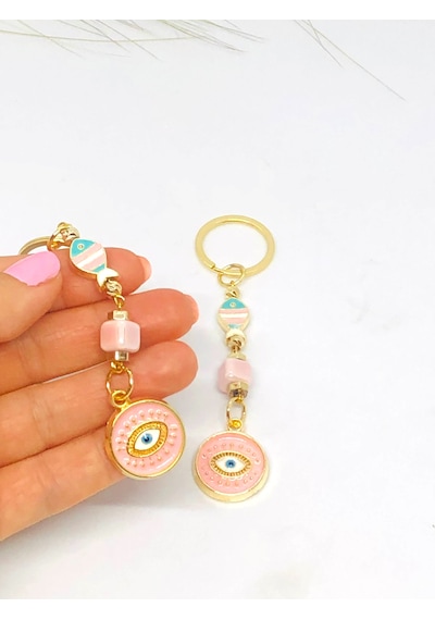 Pembe Metal Nazar Boncuklu Anahtarlık, Göz Nazar Anahtarlık