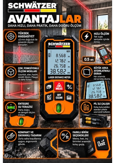 50 Metre Profesyonel Lazer Metre Su Terazili Dijital Ekranlı Hassas Mesafe Ölçer