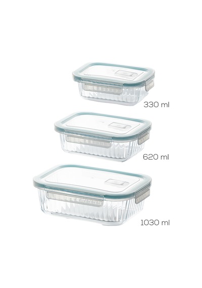 Porsima Sd-12-fgy Kilitli Sızdırmaz Kapaklı Hava Tahliye Contalı Çok Amaçlı 3 Lü Cam Erzak Yiyecek Saklama Kabı Seti - 1030-620-330ml Şeffaf