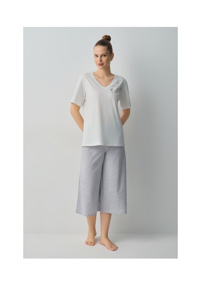 Suwen Dotty Pamuklu Kapri Pijama Takımı Wsh10510007051 Gri Melanj