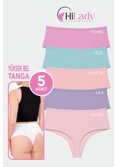 Hilady Kadın Tanga, Yüksek Bel Tanga 5'li Paket String, Tanga Külot Pamuklu Kumaş Açık Pembe