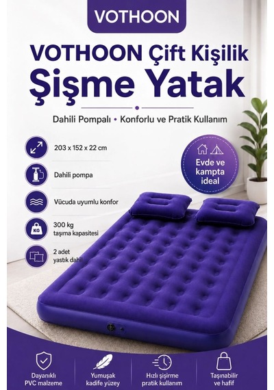 Çift Kişilik Şişme Yatak Dahili Pompalı 203x152x22 Cm 2 Yastıklı Açık Gri