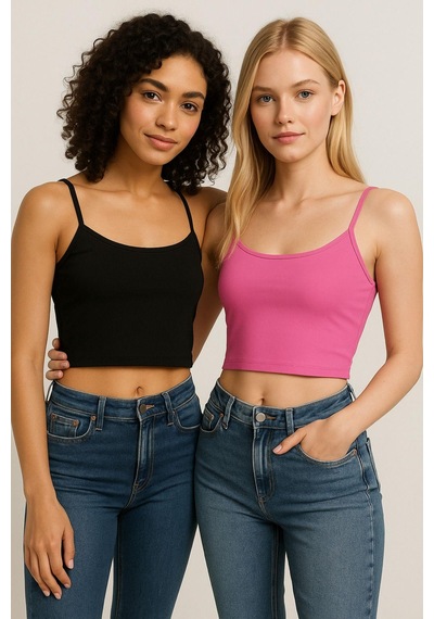 Kadın 2'li Paket Pembe Siyah Kısa Crop İp Askılı Krop Bluz Büstiyer Çok Renkli