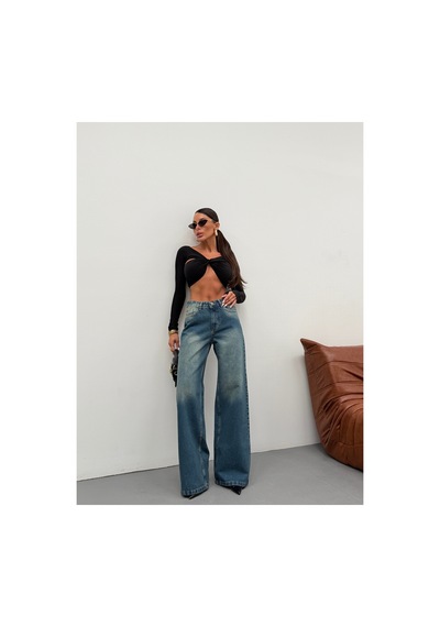 Kene Jeans Kadın Wide Leg Yüksek Bel Bol Paça Kot/denim Palazzo Pantolon Yeşil Tintli