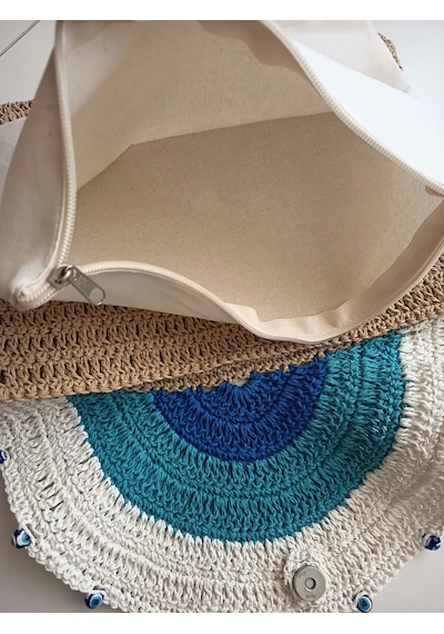 Elmundo Butik Kağıt İp El Yapımı Nazar Boncuğu Clutch Çanta Bej - Mavi -beyaz