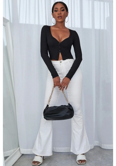 Beru Kadın Siyah Uzun Kollu Düğme Detaylı Göğüs Ve Göbek Dekolteli Crop Top Bluz Premium Stil L - XL