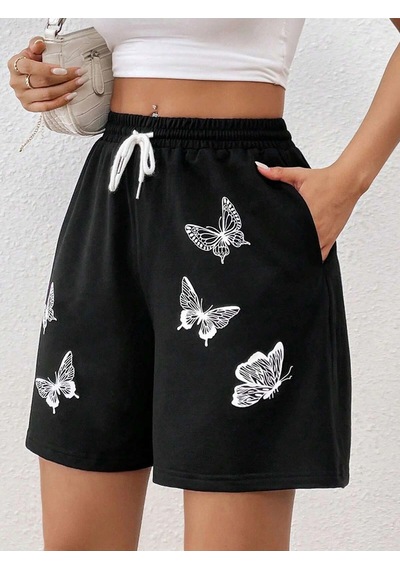 Butterfly Print Drawstring Waist Şort Siyah