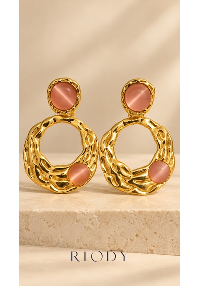 Riody Rose Velours Gold Renkli Pudra Pembe Kedi Gözü Görünümlü Kadın Küpe Altın - Sarı