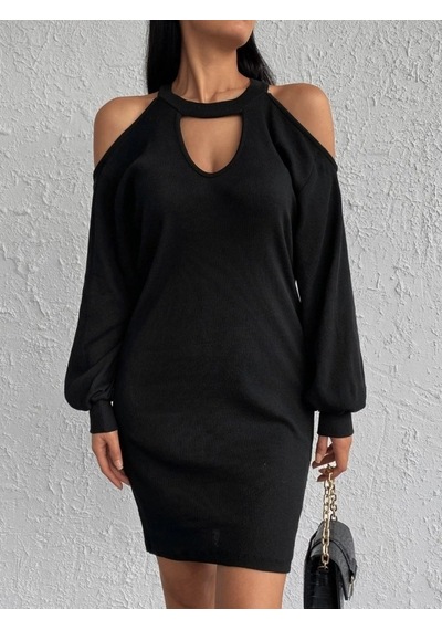 Defymoda Kadın Uzun Kollu Omuzları Açık Boyundan Şerit Detay Kaşkorse Elbise Siyah