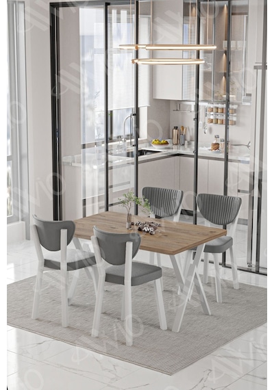 Avvio Lionel Beyaz Elma Sandalye 80x120 Yemek Masası Mutfak Masası 4 Kişilik Masa Sandalye Takımı Akça