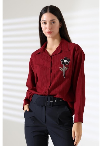 Ribana Classic Ribana Uzun Kollu Durres Dokulu Çiçek Detaylı Serin Kumaş Kadın Gömlek Bordo Ribana Classic Ribana Uzun Kollu Durres Dokulu Çiçek Detaylı Serin Kumaş Kadın Gömlek Bordo