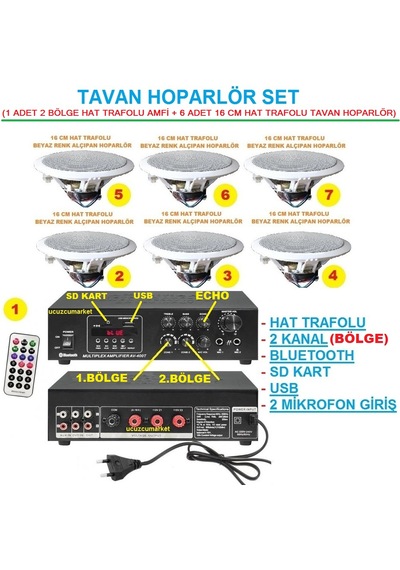 Tavan Hoparlör Seti 1 Adet Hat Trafolu 2 Bölge Amfi + 6 Adet 16 Cm Hat Tafolu Tavan Hoparlör