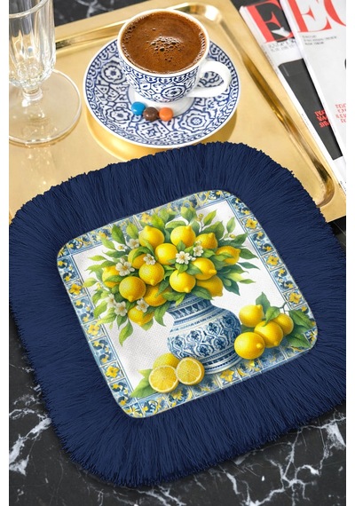 Limon Bahçesi Püsküllü Sunum Peçetesi - Seramik Vazo Akdeniz Klasik Lacivert Bardak Altlığı Mendil Soft Somon
