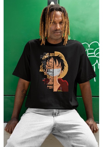 Sevbano Tasarım Monkey D. Luffy Baskılı Unisex Oversize Anime Dizi Karakt Siyah