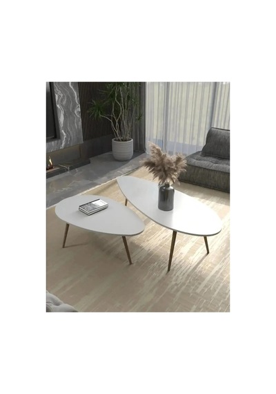 Orta Sehpa Seti Modern 2 Li Ahşap Ayaklı Beyaz