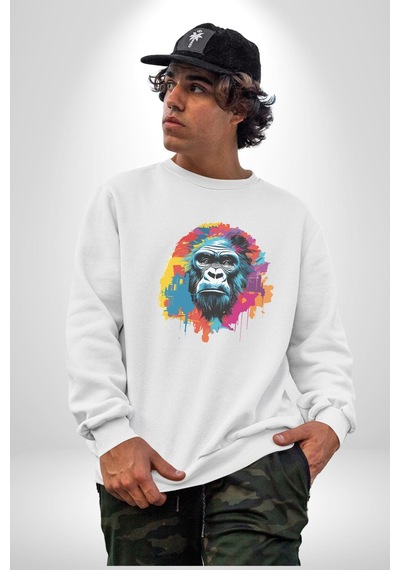 Renkli Maymun Goril Unisex Beyaz Baskılı Sweatshirt Beyaz