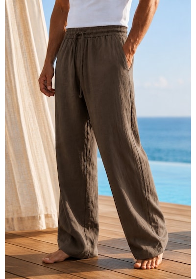 Tarz Cool Erkek Müslin Keten Karışımlı Rahat Kalıp Beli Lastikli Bağcıklı Yazlık Pantolon Kahverengi