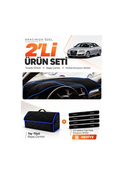 E-biz Audı A6 2005-2011 Uyumlu Torpido Örtüsü + Tay Tüyü Bagaj Çantası Seti - Siyah-mavi - Au004