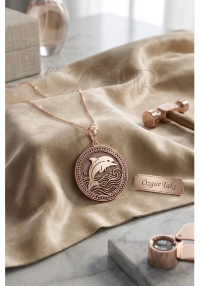925 Ayar Gümüş Yunus Figürlü Madalyon Kolye Rose Gold
