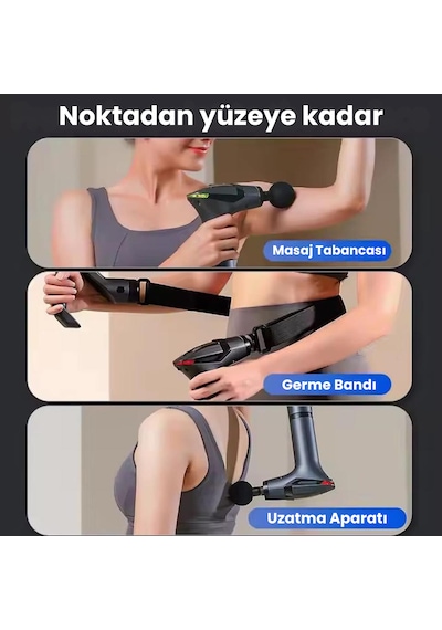 Smayling Germeli Uzatma Aparatlı Masaj Tabancası 4 Başlık Dijital Göstergeli Derin Doku Masaj Aleti Siyah